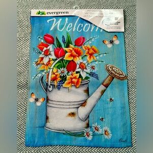 Evergreen Welcome Garden Flag with Watering Can and Flowers NEW
